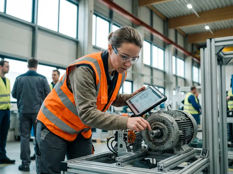 Ingenieurin am Prüfstand einer Produktionshalle